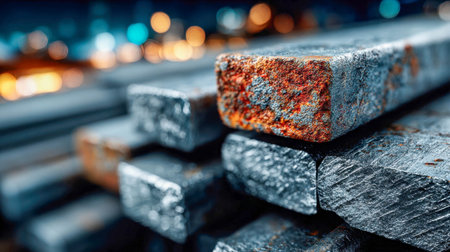 Shiny steel and aluminum profiles stacked in rows, used for modern construction and manufacturing purposes.の素材