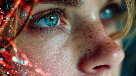 Futuristic portrait of a woman with virtual reality interface projections lighting up her face in a dark environment.の素材