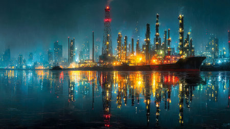 Dramatic night view of a brightly lit oil refinery with tall towers and colorful reflections shimmering in the calm water.の素材