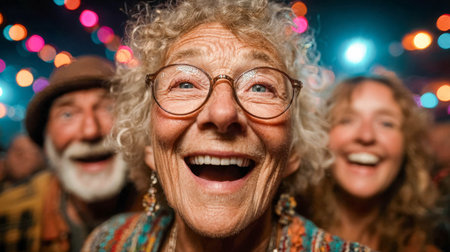 Elderly woman in awe, surrounded by confetti and light during a celebration or concert, emotional and dreamy atmosphere.の素材