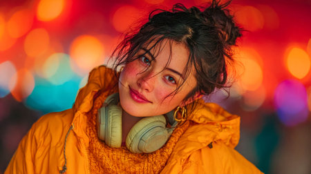 Stylish young woman in a yellow coat with headphones around her neck, smiling against a colorful night background.の素材