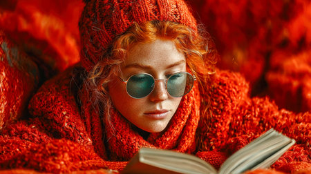 Freckled girl in cozy red knit clothing reading a book, wearing round sunglasses and surrounded by a warm red environment.の素材