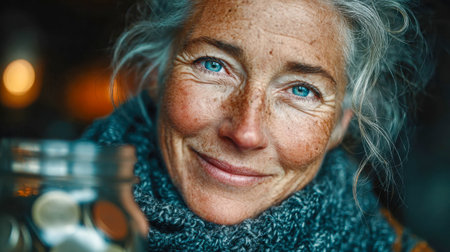 Smiling senior woman with glasses in a cozy sweater holding a glass jar of coins in a warmly lit room.の素材