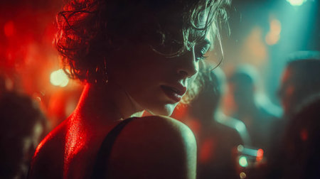 Close-up of a glamorous woman dancing in a nightclub, with wet skin, glitter, and colorful lighting creating a sensual and vibrant atmosphere.の素材