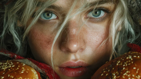 Close-up of a blonde woman with intense blue eyes and two burgers, combining beauty and fast food culture in a striking visual.の素材