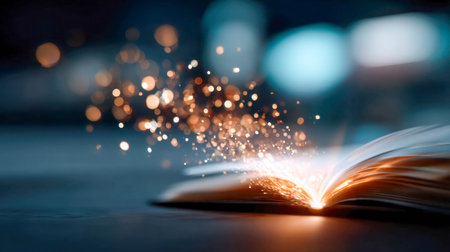 Open magical book releasing glowing particles and colorful light, representing imagination, fantasy, and storytelling.の素材