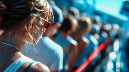 Side profile of a young woman standing in a crowd during sunset, with warm backlighting.の素材