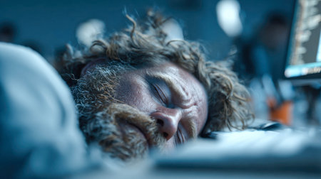 Close-up of an exhausted office worker asleep at his desk in a dimly lit workspace, surrounded by monitors.の素材