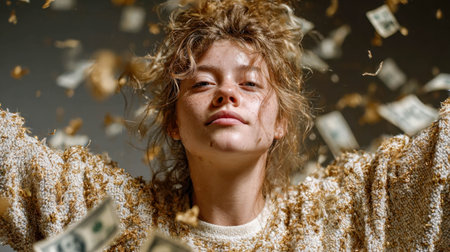 Young woman with eyes closed enjoying a surreal moment as dollar bills fly through the air around her.の素材