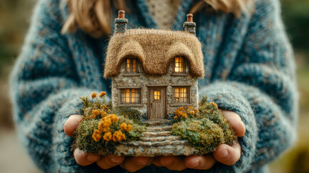 A person holds a highly detailed miniature house with glowing windows, trees, and landscaping.の素材