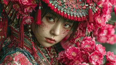 Stunning portrait of a geisha in ornate traditional attire surrounded by vibrant pink cherry blossoms, evoking elegance and cultural richness.の素材