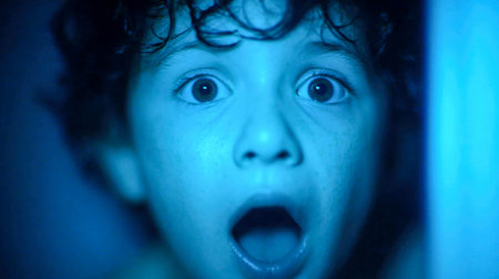 Close-up of a frightened child in blue lighting with wide eyes and mouth agape, expressing intense fear and shock.の素材