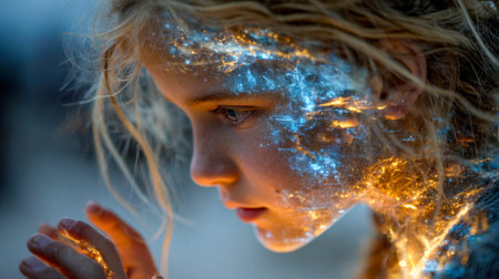 Curious young girl interacts with a futuristic holographic interface, exploring digital elements in a glowing sci-fi environment.の素材