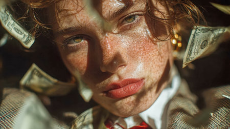 Serious and elegant young woman in a sleek black dress, seated against a dark luxury interior.の素材