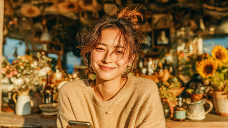 Cheerful 22-year-old Japanese girl smiling warmly, with natural lighting and a soft background, radiating charm and friendliness.の素材