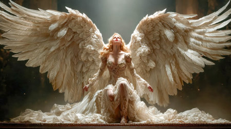 Majestic fantasy angel woman in a radiant gown with massive white wings, kneeling in divine light and cinematic ambiance.の素材