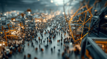 Large crowd walking inside a futuristic industrial setting filled with glowing lights and machinery, viewed from above with tilt-shift effect.の素材
