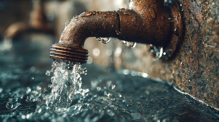 Clear water gushing from a worn metal faucet into a basin, with sharp detail and splashing droplets under soft lighting.の素材