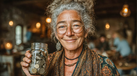 Smiling senior woman proudly holding a glass jar full of coins, symbolizing financial planning and wise saving.の素材