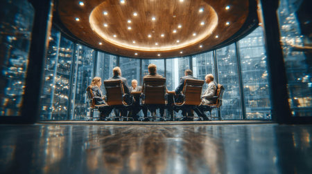 Attentive employees in a formal meeting setting listen to a speaker, symbolizing teamwork, concentration, and professional communication.の素材