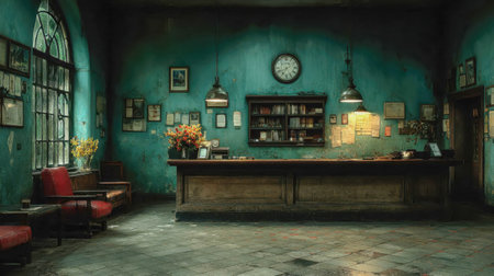 Atmospheric vintage hotel reception with aged walls, wooden counter, red furniture, and moody lighting.の素材