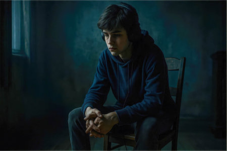 Teen boy wearing headphones sits alone in a dark, moody room, lost in thought with a pensive expression.の素材