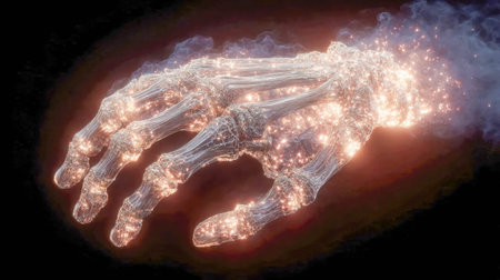 Detailed close-up of a burning skeleton hand emitting glowing embers, symbolizing intensity, danger, and transformation.の素材
