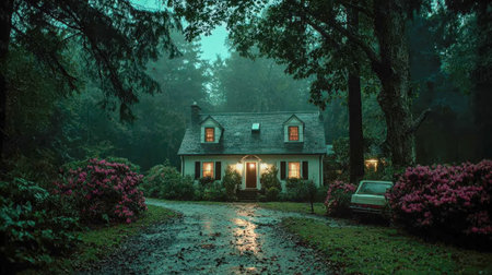 Nighttime exterior of a house with one window open, capturing the eerie moment of a final scream.の素材