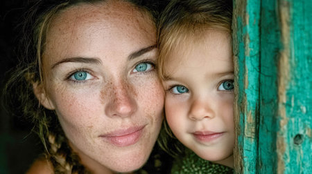 Close-up portrait of a mother and her child, highlighting deep emotional connection, warmth, and family love.の素材