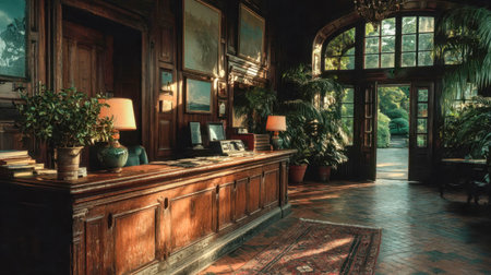 Dimly lit old front desk with guestbook and keys, abandoned atmosphere with no staff, evoking mystery and forgotten stories.の素材