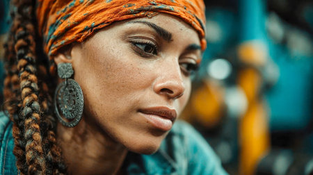 Close-up portrait of an female factory worker with a focused and intense expression.の素材