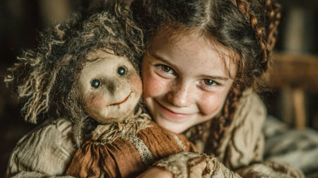 Young girl holding a worn bunny doll with a serious expression, blending innocence with a hint of unsettling atmosphere.の素材