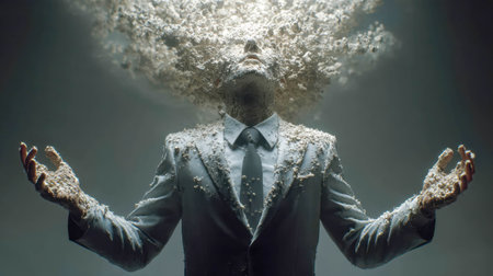 Surreal image of a young businessman exploding into particles, symbolizing stress and overwhelming pressure.の素材