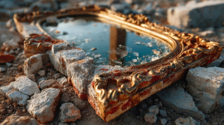 A broken antique mirror with an ornate frame, standing in a puddle amidst the ruins, evoking a sense of decay and forgotten memories/の素材
