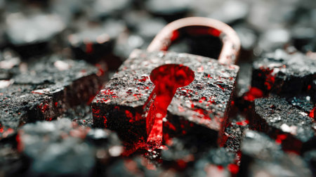 Close-up of a burnt, broken lock glowing with red heat, symbolizing cybersecurity breach and system vulnerability.の素材