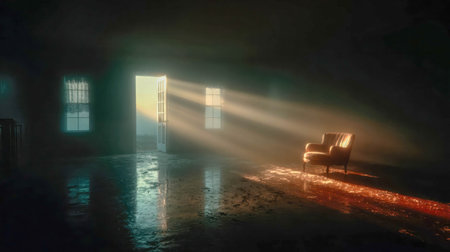 Dark, empty room with dramatic light rays shining through a door, creating a moody and mysterious atmosphere.の素材
