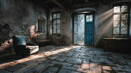 Rustic old house interior with stone walls, wooden floors, and an open door inviting warm sunlight into a cozy natural space.の素材