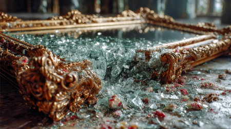 Shattered ornate mirror with golden frame lying on the ground, fragments of glass scattered around.の素材