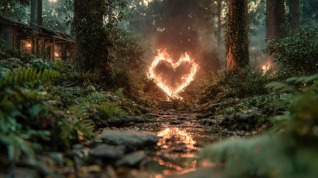 A heart-shaped burn glows on a tree trunk in a smoky forest, symbolizing environmental destruction and emotional intensity.の素材