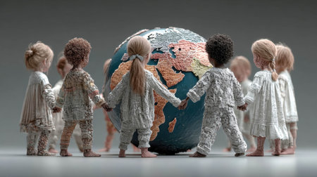 Group of stylized children holding hands around a detailed 3D globe, symbolizing unity and global connection.の素材