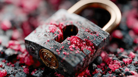 Conceptual image of a digital padlock symbolizing a cybersecurity breach and data vulnerability.の素材