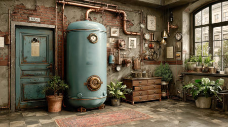 Vintage utility room with an old heating boiler, copper pipes, vintage gauges, and rustic decor in a sunlit industrial setting.の素材