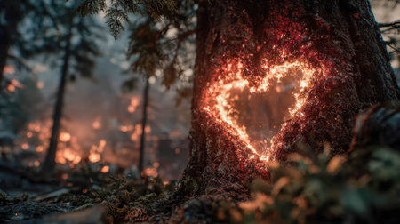 A heart-shaped burn glows on a tree trunk in a smoky forest, symbolizing environmental destruction and emotional intensity.の素材