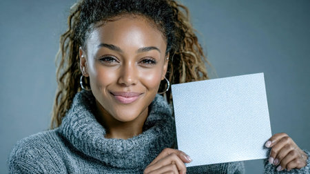 Portrait of a smiling woman with curly hair holding a blank white poster, ideal for adding custom text or graphics.の素材