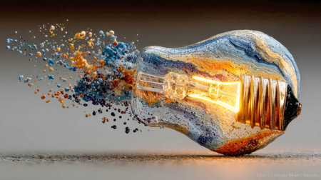 An electric light bulb exploding, with fragments of glass and paint flying, creating a dramatic and dynamic scene.の素材