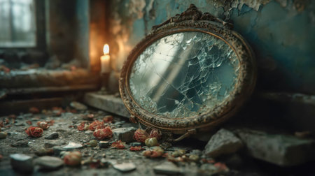 Broken vintage mirror lying on rubble in a dilapidated, abandoned building with antique furniture.の素材