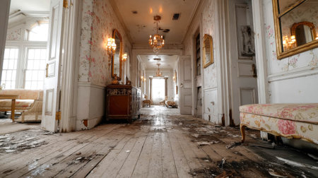 Elegant hallway with floral wallpaper, vintage furniture, and visible signs of fire and decay.の素材
