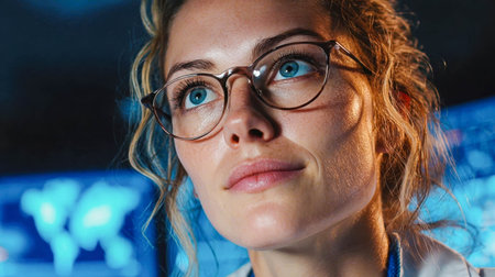 A young woman in futuristic atmosphere, standing amidst a group of people in a high-tech environment, gazing ahead with determination and focus.の素材