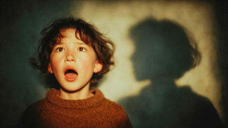 Young girl with an astonished expression casting a mysterious shadow on the wall.の素材