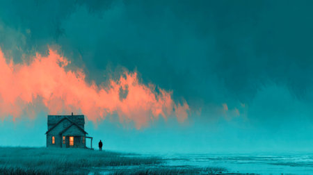 A person stands outside a lonely house under dramatic orange clouds, creating an eerie and atmospheric scene.の素材